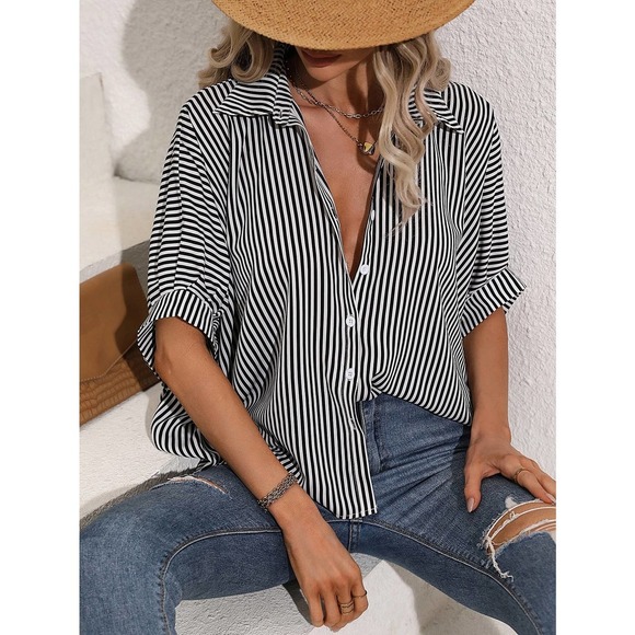 boho minimalist preppy Striped black white button up Batwing Sleeve Shirt - Picture 1 of 11